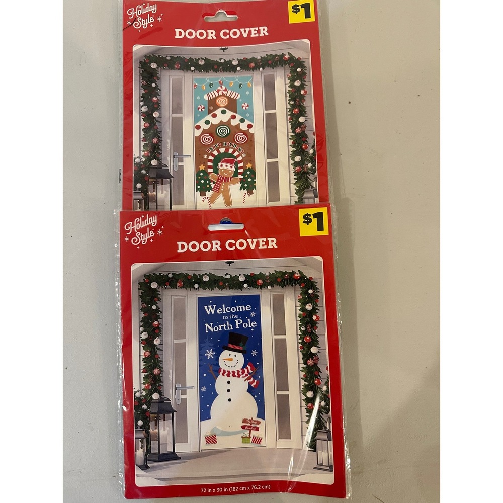 Holiday Style Christmas Door Covers Set of 2 Snowman Gingerbread House 72x30